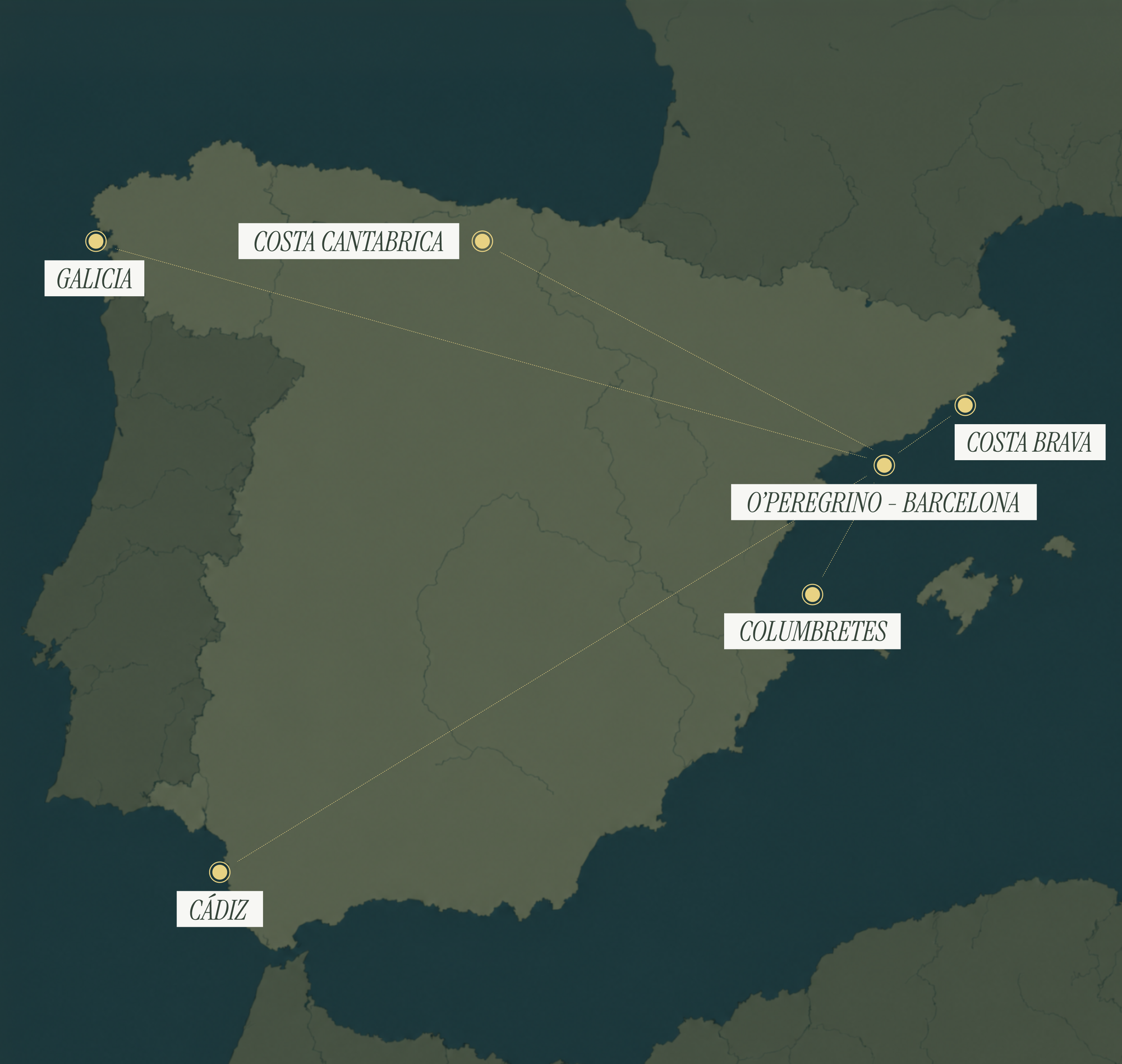 Mapa de las cinco costas: Galicia, Cantábrico, Costa Brava, Columbretes y Cádiz